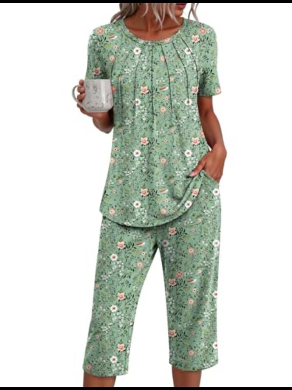 Women's 2-Piece Short Sleeve Pajama Set, Pleated Front Lounge Set, Rayon Blend